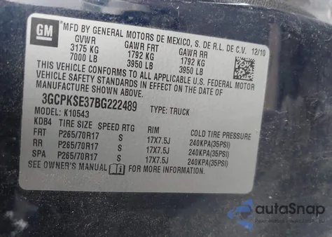 2011 Chevrolet Silverado 1500 Lt из США, поврежденный, VIN 3GCPKSE37BG222489